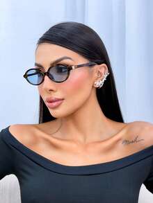 OCULOS OVAL MINIMALISTA TARTARUGA LENTE AZUL  Vintage    TENDENCIA  DA MODA UV400 - Marrom - Visão 1
