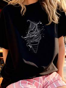 Women's Ice Cream Print T-Shirt - Black 5 - View 3