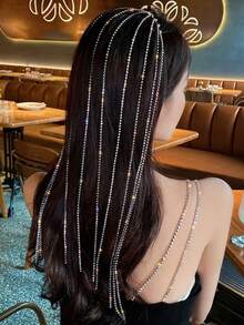 1pc Bridal Headpiece With Long Tassel & Rhinestone Hair Chain, Shiny Headdress,Wedding Hair Accessories - Multicolor - View 3