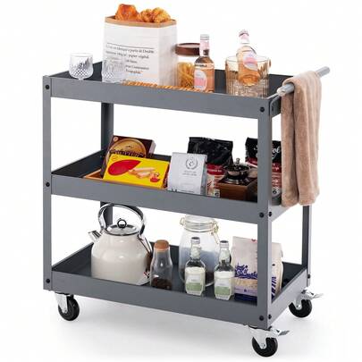  COSTWAY Heavy Duty 3-Tier Utility Cart, 3 Shelf Rolling Metal Utility Cart With Ergonomic Handle, Universal Wheels, Multipurpose Service Trolley, Ideal For Office, Garage, Warehouse, Library, Grey
