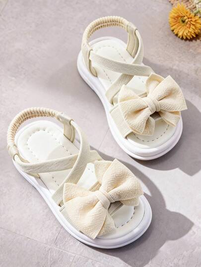 Girls' Fashion Flat Sandals, Children's Beige Slip-On Shoes With Bow Decor, Non-Slip Soles, Suitable For Kids To Wear To Weddings, Parties, Travel & Vacation