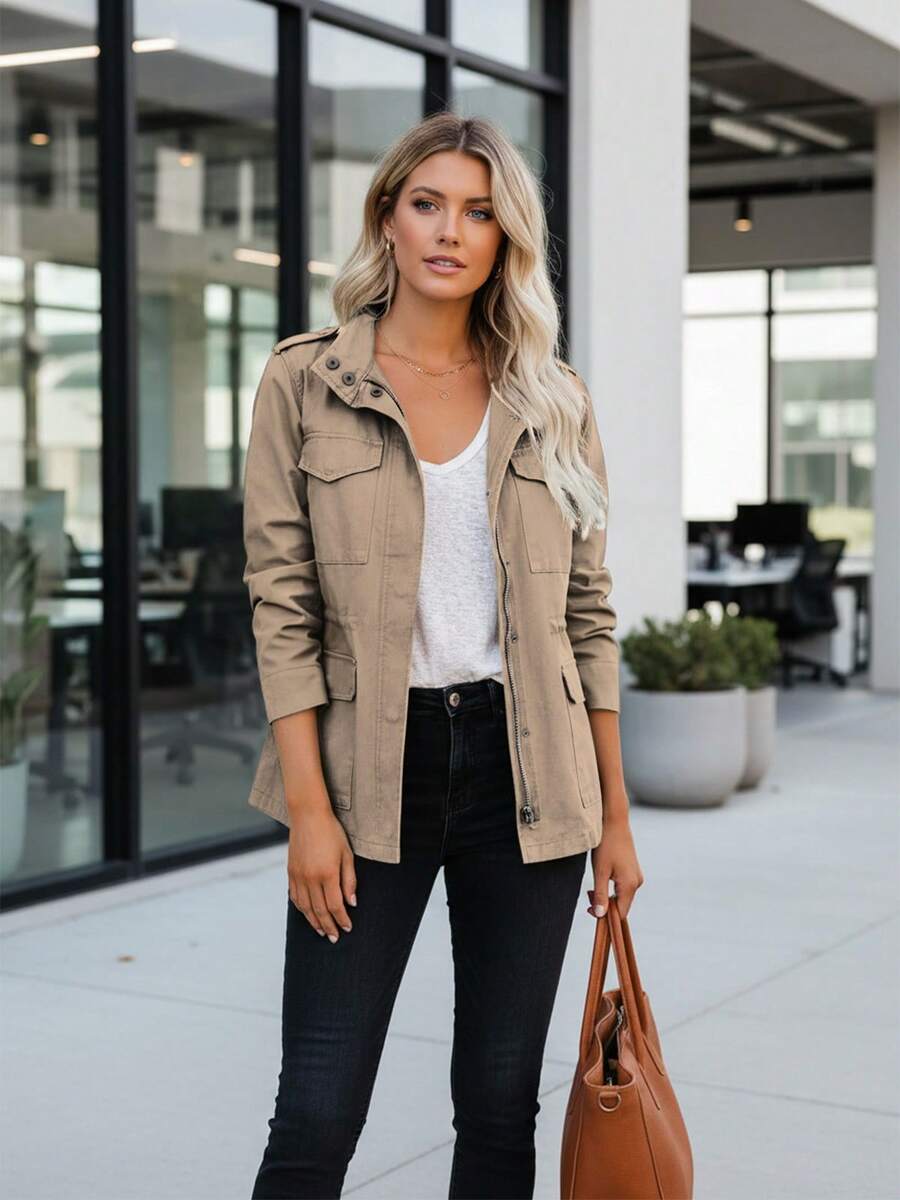 Long Sleeve Regular Hem Coat For Women Casual Style Woven Fabric High Neck Design Zipper Pockets Detail - Màu Khaki - Xem 1