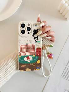 可爱猫咪彩绘镂空米色草莓手链吊坠简约时尚创意防震手机壳，兼容 17/ 17 Pro/ 17 Pro Max/ 16/11/16 Pro/16 Plus/16 Pro Max/16 e/15 Pro Max/13/14/12/XS/XR/7G/8P，兼容三星 Galaxy S25/S25 Plus/S25 Ultra/A16/A36/A26/A56/A50/A12/A32 - 彩色 - 查看 2