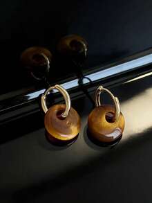 一对复古简约梅拉德仿虎眼石混合圆形耳环，适合女性佩戴，情人节/周年纪念/生日礼物 - 金色 - 查看 3