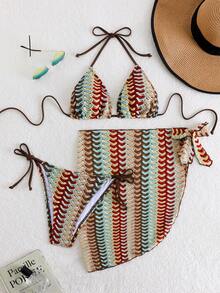 三件套可调节蕾丝比基尼套装，女士沙滩度假泳装 - 摩卡棕 - 查看 1