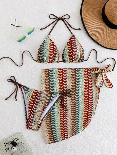 3pcs Adjustable Lace Bikini Set, Women Beach Holiday Swimwear