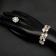 Juego de 4 piezas de collar de vidrio austriaco arete pulsera anillos conjuntos de joyas para novias bodas fiestas disfraces regalos para mujeres -B032 - Dorado - Ver 6