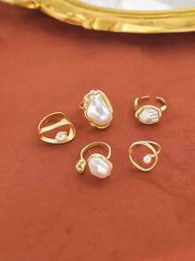 4pcs Set Fashionable Gold Faux Pearl Geometric Open Ring Set, Women Exaggerated Metal Asymmetrical Adjustable Ring Jewelry Accessories - Yellow Gold - View 2