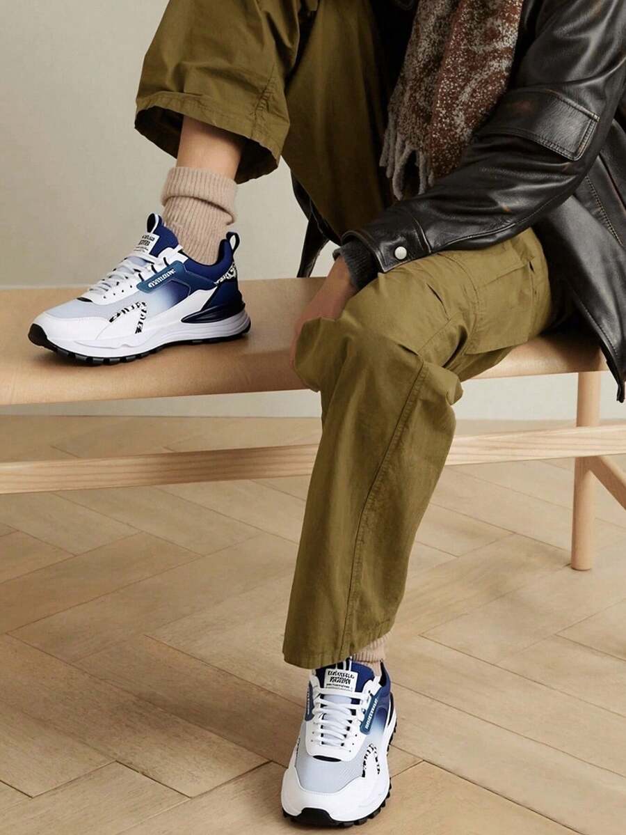 Zapatillas deportivas casuales para hombre con parte superior de malla transpirable en blanco y negro con bloques de color, suela gruesa, antideslizantes y duraderas, cómodas zapatillas con cordones, adecuadas para viajar, uso diario, actividades al aire  ocio cotidiano. - azul real - Ver 1