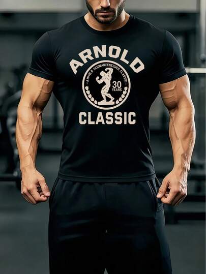 Men's Summer Outdoor Sports Fitness Training Round Neck Short Sleeve T-Shirt, English Graphic Print, Suitable For Sports And Casual Wear