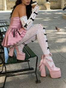 Bow Platform Chunky Heels For Women Satin Square Toe Mary Jane Cross Strap Pumps Elegant Outfits Party Dress Dancing Princess Shoes - 粉紅色2 - 查看 3