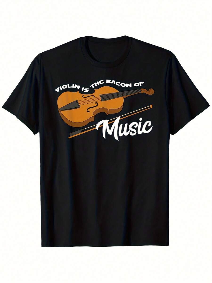 Camiseta para hombre amante de la música y el violín: 100 % algodón de 180 g, cuello redondo, con frase "El violín es el tocino de la música" y gráfico de violín similar a un violonchelo. Ropa informal para músicos. - Negro 7 - Ver 1