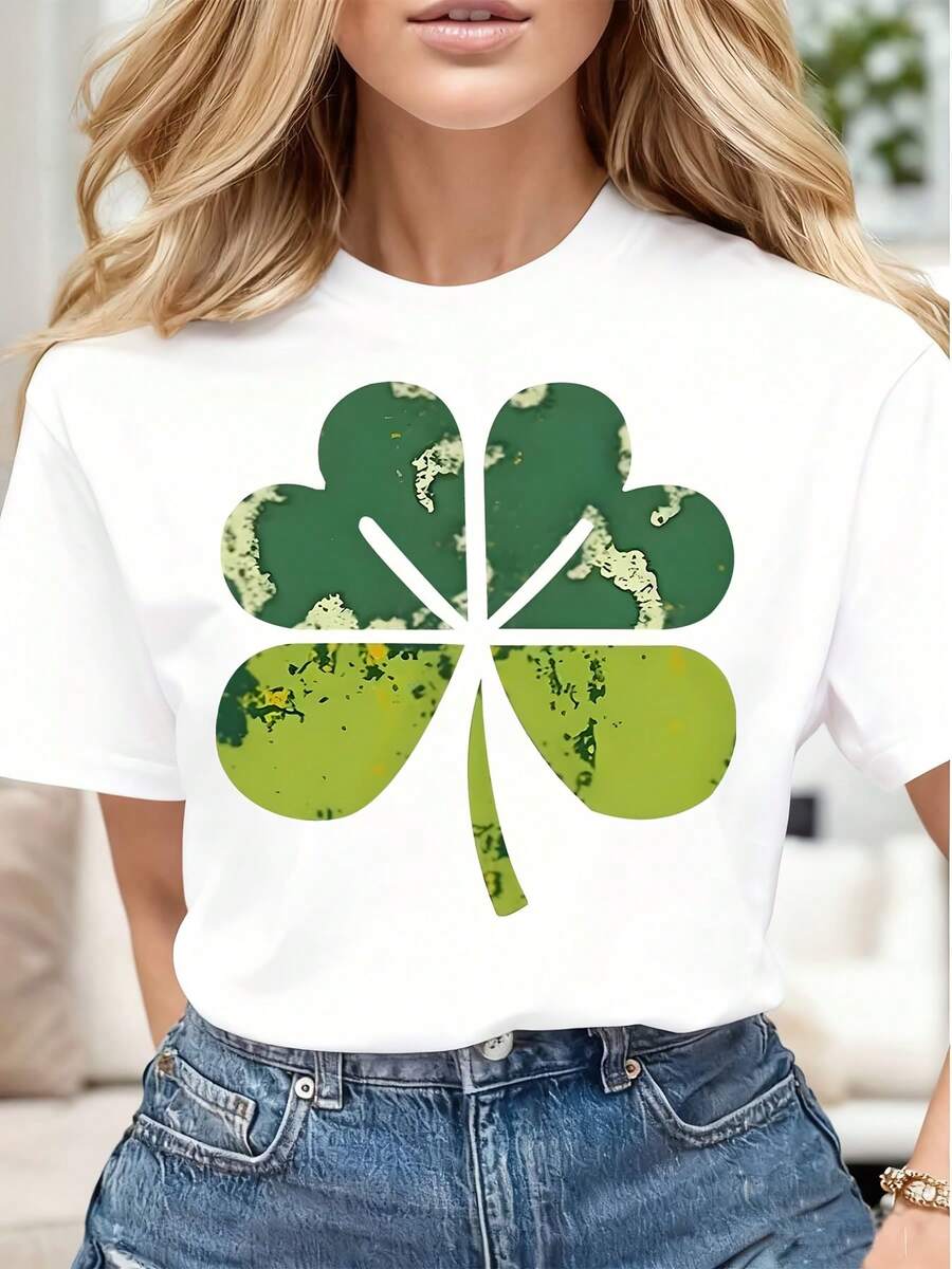 Four Leaf Clover Print Women Casual T Shirt Soft Comfortable Gift For St Patrick's Day - trắng - Xem 1