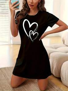 Women's Heart Print Short-Sleeve Nightgown - Suitable All Seasons, Adult Nightgown With Round Neck And Heart Pattern Design. Outerwear Dress. KABO - 白色 - 查看 3