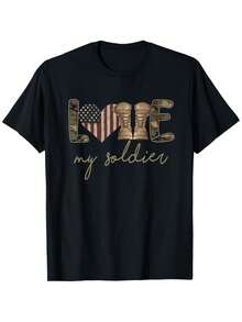 Cotton Short Sleeve I Love My Soldier Military Wife USa Camour Flag T-Shirt For Men Women - Black - View 1
