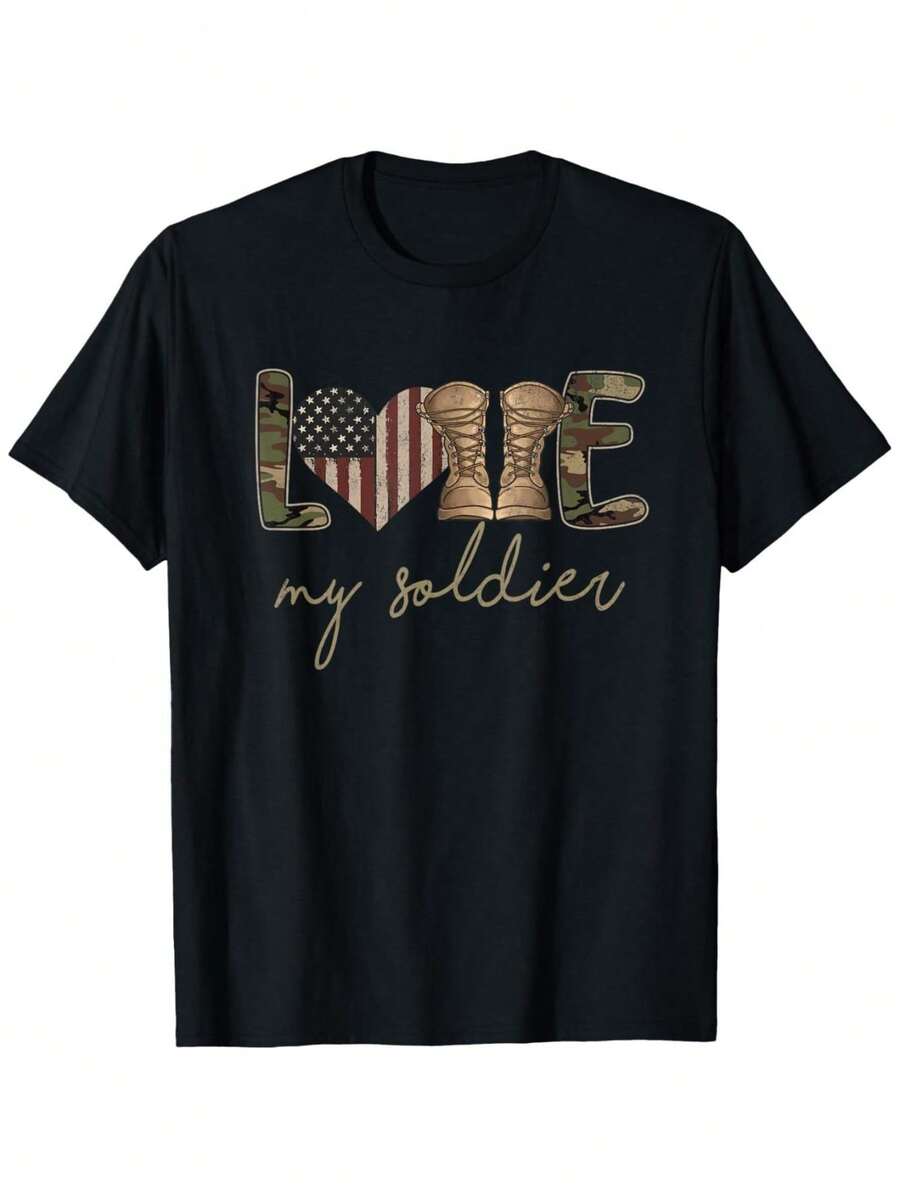 Cotton Short Sleeve I Love My Soldier Military Wife USa Camour Flag T-Shirt For Men Women - Black - View 1