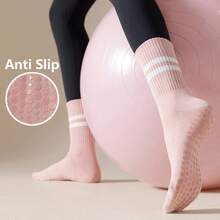 Women's Professional Anti-Slip Yoga Socks - Breathable Striped Mid-Calf Design With Double Grip Sole & Arch Support Pilates,, Exercise RLZX - Black - View 4