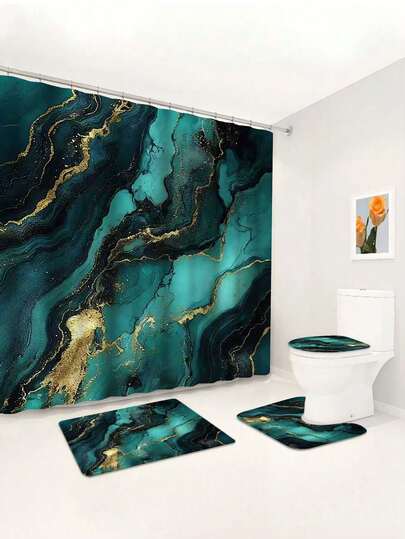 1/4 件橄榄绿和黑色大理石纹印花海洋元素防水浴帘，可作挂毯、防滑浴室垫、U型马桶垫及盖，现代家居装饰，包含12个浴帘挂钩，防水涤纶面料，可机洗，适用于酒店、公寓浴室装饰，浴室配件，四季皆宜的精美礼品。