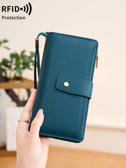 MIYIN New RFID Multi Slot Large Capacity Long Wallet, Lychee Patterned PU Leather, With Detachable Wristband, Can Accommodate Credit Cards/ID Cards/Coins/Cash/Receipts, Suitable For Commuting, Travel, Holidays, Office Anniversaries, Birthdays, Valentine's Day Gifts