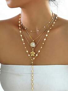 4pcs Fashionable Minimalist Bohemian Shell Flower & Faux Pearl Y-Necklace Set, Versatile For Vacation, Date, Party, Gift, Daily Wear - Yellow Gold - View 7