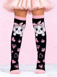 1 Pair Cute Rabbit Ears Heart Print Knee High Socks, Cute Funny Bunny Over The Knee Socks, Fashion Funny School Running Athletic Sports Socks, Back To School Students Teenagers Girls Socks, Valentine Day Gift - Multicolor - View 5