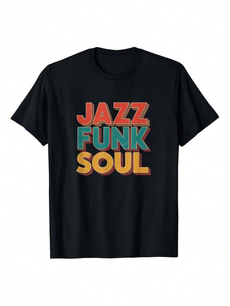 Camiseta de género musical R para hombre - Tipografía multicolor estilo jazz funk soul años 70 y 80 (JAZZFUNKSOUL) - Negra con texto multicolor - Ropa informal y para festivales de música - Lavable a máquina - Camiseta redonda - Negro 29 - Ver 1