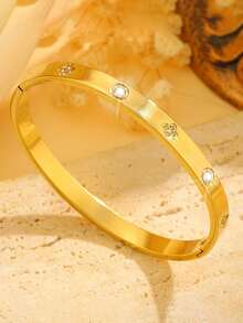 18K Gold Plated Women's Fashion Shiny Classic Bracelet Set, Luxury Quality, Full Diamond Sparkling Bracelet, One Diamond One Flower Design, Rotatable Roman Bracelet Set, Suitable For Daily Wear, Parties, Beach Vacation, Versatile Accessory, Ideal Gift For Birthday, Valentine's Day, Anniversary, Mother's Day, Graduation - Gold - View 7