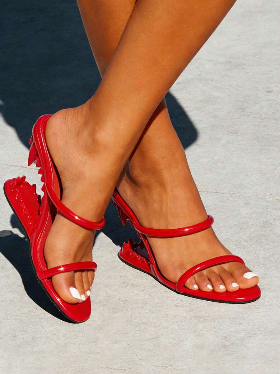 Sandals For Women Shark Teeth Heeled Sandals Backless Round Toe Heels Dressy Ladies Party Wedding Fashion Office Clubbing Work Courts Shoes - 紅色 - 查看 1