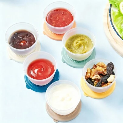 2/6 Pcs Cute Cartoon Pattern Plastic Sauce Cup With Silicone Lid, Portable Sealed Seasoning Dish, Condiment Container, Salad Tomato Mustard Sauce Storage Container, Reusable Sauce Dish, Suitable For Student And Adult Use In Home, School, Dorm, Office, Outdoor Camping, Picnic,Travel