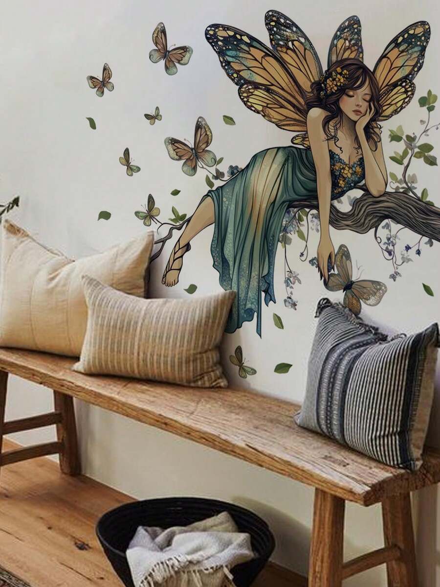1pc Tree Branch Butterfly Fairy Girl Wall Decal Sticker, Removable Wall Art Decor For Bedroom, Living Room - 1PC - View 1