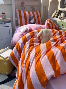 Bộ 3 món ga trải giường kẻ sọc cam, mềm mại và thoáng khí, cỡ Queen. - trái cam - Xem 5