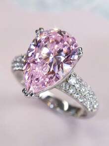 1pc Sparkling Pink Rhinestone Ring, Jewelry Parts, Engagement/Wedding Ring - Silver - View 6