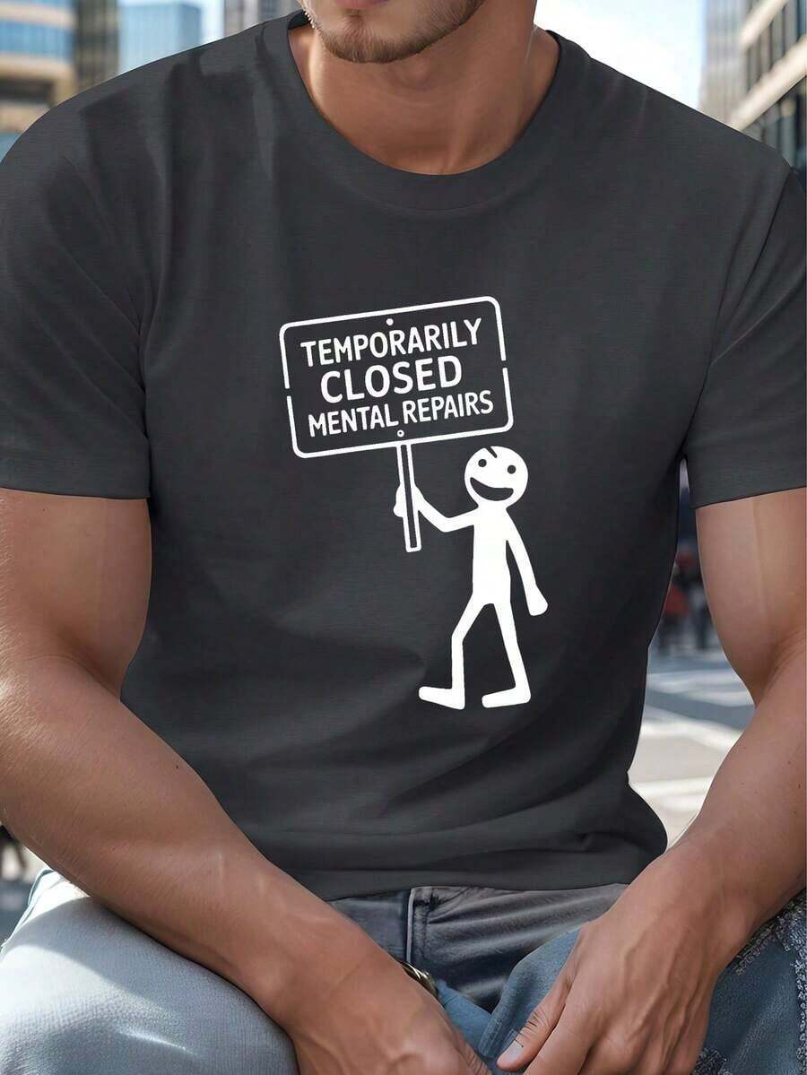 Camiseta de poliéster para hombres de talla grande - Cuello redondo casual con ligera elasticidad, tejido de punto, patrón geométrico con impresión gráfica "Temporalmente cerrado para reparaciones mentales", camiseta de verano de manga corta para adultos - Gris Oscuro - Ver 1