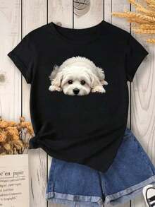 Women's Round Neck T-Shirt With Maltese Dog Print, Women's Fashion T-Shirt With Maltese Dog Print, Casual Short-Sleeve T-Shirt, Women's Blouse , Comfort For All Seasons - 黑色 - 查看 1
