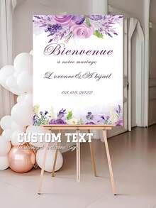 Customizable Wedding Welcome Sign With Personalized Text, Name And Date, Purple Floral Decoration For Bachelorette Parties, Bridal Showers And Birthdays - Multicolor 01 - View 6