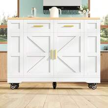 Modern Kitchen Island, Kitchen Cabinet, Sideboard, Wood-Look Dining Cart, Buffet, Multifunctional Dining Table With Storage, Dining Cart With Extendable Cupboards, White - White - View 4