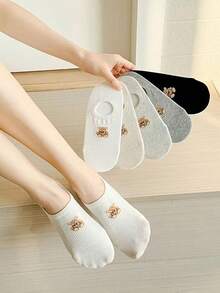 5双女士小熊图案隐形袜，透气纯棉，适合搭配运动鞋 - 彩色 - 查看 3
