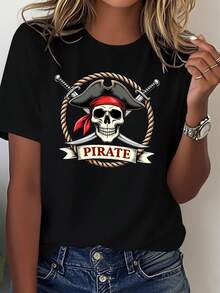 Women's Pirate Skull & Crossbones Graphic T-Shirt - 100% Comfort Fit Casual Pirate-Themed Top With Jolly Roger Design, All-Season Wear For Themed Parties & Everyday Outfits (Machine Washable) - Blue With Red & Black Pirate Skull & Crossbones, Golden Pirate Hat & Swords, Relaxed Fit For Themed Events & Casual Attire, Soft Breathable Fabric, Easy Care, Birthday Christmas Mother's Valentine's Day Gift, Black Casual Short-Sleeved Crew Neck T-Shirt - màu đen - Xem 1
