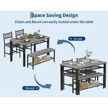 Juego de mesa y sillas de cocina estilo rústico para 4 personas, mesa de comedor moderna de 120 cm con banco y sillas, estante de almacenamiento y estructura de metal, ideal para ahorrar espacio en el comedor, la cocina o el apartamento. - Gris - Ver 7