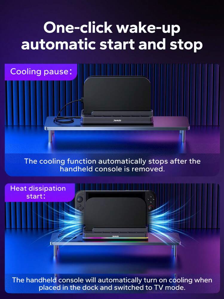 2个多功能RGB游戏机散热支架，配备智能温控双涡轮风扇，6个游戏卡槽。高效静音散热系统，3档风速调节（最高可达4000RPM），有效防止过热并延长电池寿命。搭载智能感应技术，开机自动启动，关机自动停止。 - 彩色 - 查看 5