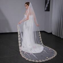 1pc Elegant Colorful Floral Lace Trim Long Bridal Veil With Comb, Wedding Photography Headpiece - Multicolor - View 4