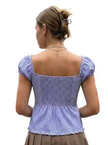Women's Summer Sweetheart Neck Tops Short Sleeve Solid Color/Striped  Ruched T-Shirt - Blue - View 7