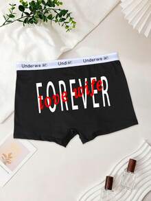Men's Black Printed Boxer Briefs With "Love Wife" Letter Graphic, Elastic Everyday Underwear - Black - View 1