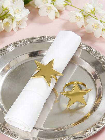 6/12pcs Gold Star Napkin Rings, Persian Style Metal Star Shaped, Paired With 17.7in*17.7in White Napkins, Suitable For Room Decor, Dining Table Decor, Home Decor, Party Decor, Fit For Holiday, Party, Gathering, Birthday, Wedding, Gift, Dinner, Outdoor, Picnic