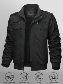 Men's Military Lightweight Jacket Cargo Windbreaker Zip Front Stand Collar Cotton Jackets With Multi Pockets - màu đen - Xem 1
