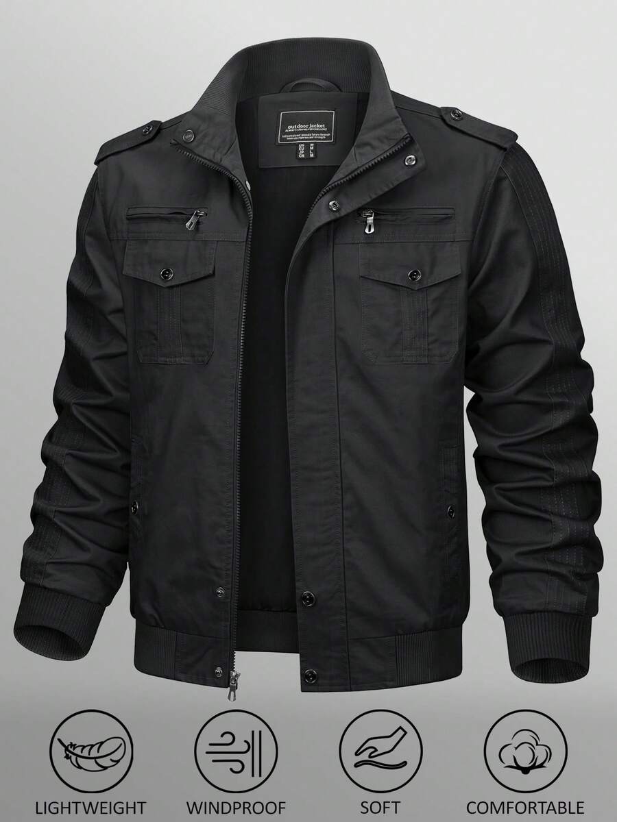 Men's Military Lightweight Jacket Cargo Windbreaker Zip Front Stand Collar Cotton Jackets With Multi Pockets - màu đen - Xem 1