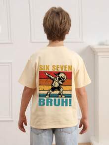 青少年男孩“六七兄弟”搞笑网络迷因67元素Dab舞印花T恤，适合男孩派对、街头、活动穿着，时尚夏季上衣 - 杏色 - 查看 2