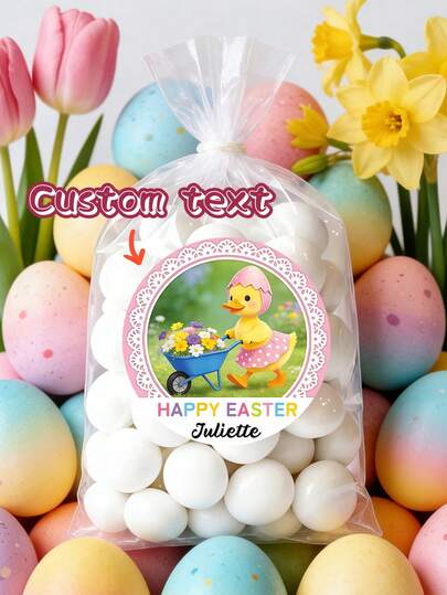 12/24/48pc Easter Themed Circular Stickers | Customizable Names And Blessings, Designed In A Cute Style, Including Ducklings, Handcarts, And Flower Elements, Suitable For Holiday Party Decoration, Gift Decoration, And Daily Small Gifts