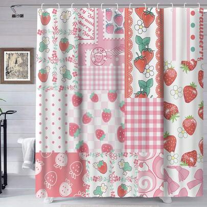 1pc Sweet Strawberry Checkered Shower Curtain, Girl Themed Strawberry Lace Printed Shower Curtain, Suitable For Various Room Decorations, Bathroom Partition Shower Curtain, Bathtub Curtain