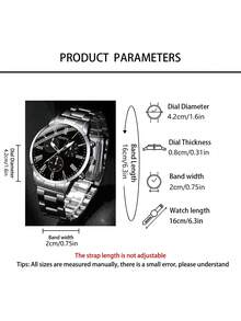 3-Piece Luxury Business Men's Watch Set, Including Black Dial Roman Numeral Quartz Watch, Black Embossed Leather Wallet, And Black Leather Keychain With Silver Ring. Multi-Functional Chronograph Design, Radiating Steady And Elegant Charm. Suitable For New Year Commute, Business Meetings, Daily Outings, And Various Occasions. - Silver - View 5